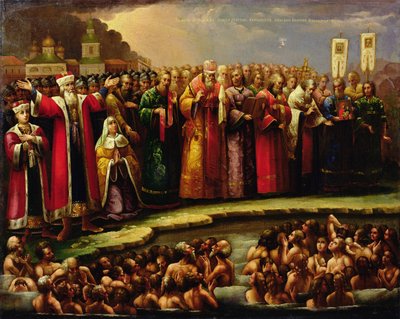 Il battesimo del popolo di Murom da parte di Yaroslav di Murom nel 1097 da Russian School